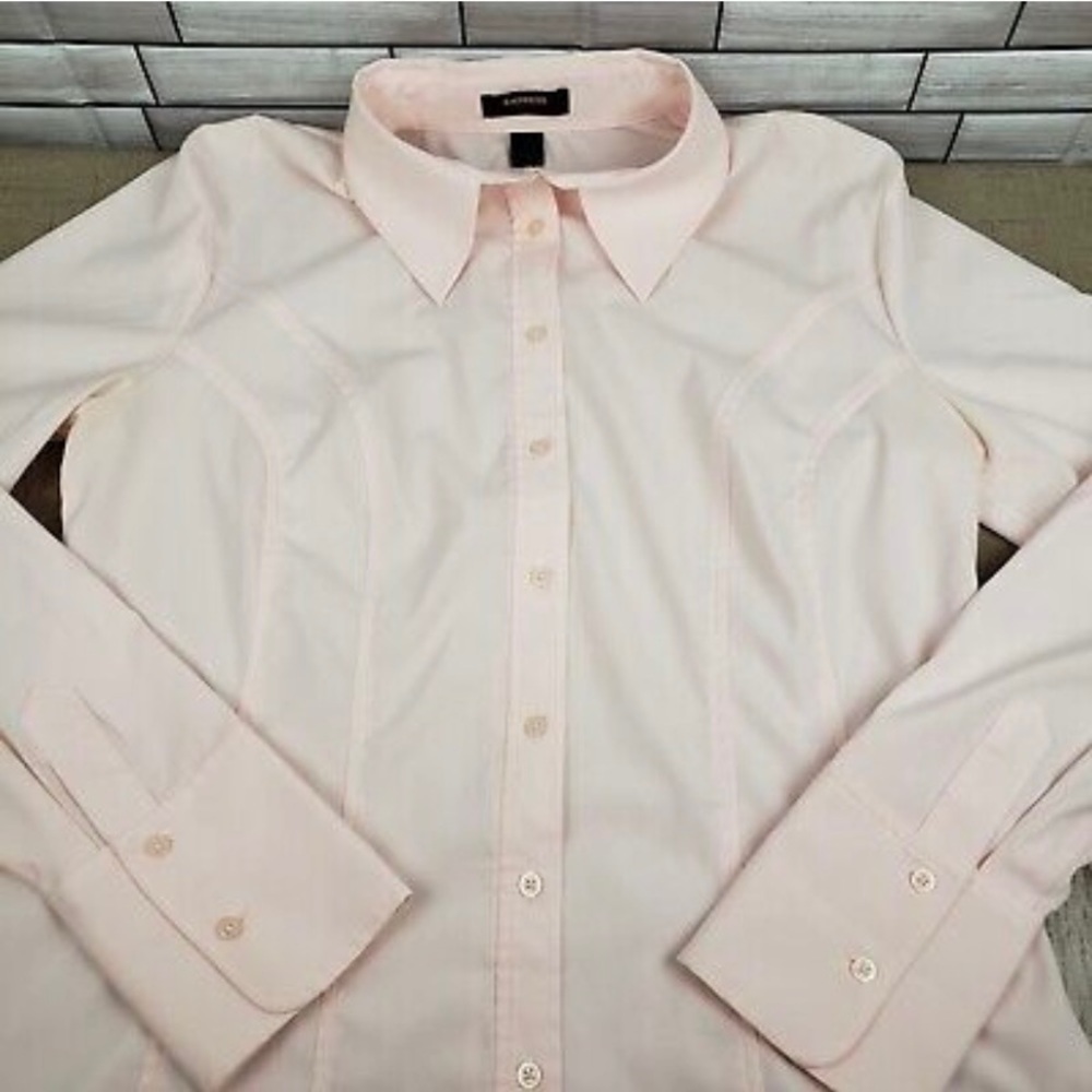 Express Stretch Womens Light Pink Long Sleeve Button Up Fitted Dress Shirt - Picture 4 of 6